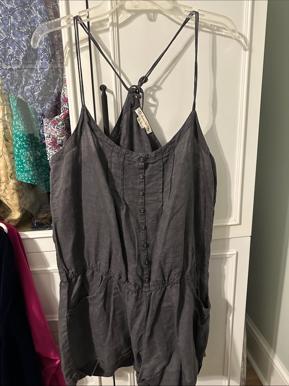 American Eagle Outfitters Charcoal Gray Linen Romper with Spaghetti Straps